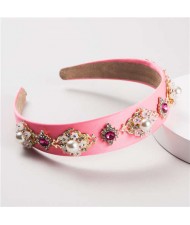 Pearl and Rhinestone Combo Flower Decorated Baroque Style Brides Fashion Hair Hoop - Pink