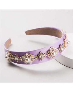 Pearl and Rhinestone Combo Flower Decorated Baroque Style Brides Fashion Hair Hoop - Violet