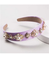 Pearl and Rhinestone Combo Flower Decorated Baroque Style Brides Fashion Hair Hoop - Violet