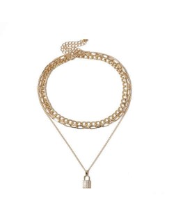 Rhinestone Inlaid Lock Pendant Triple Layers Design High Fashion Women Wholesale Necklace - Golden