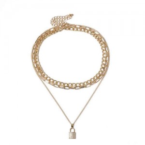 Rhinestone Inlaid Lock Pendant Triple Layers Design High Fashion Women Wholesale Necklace - Golden