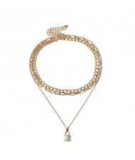 Rhinestone Inlaid Lock Pendant Triple Layers Design High Fashion Women Wholesale Necklace - Golden