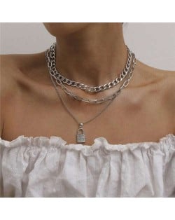 Rhinestone Inlaid Lock Pendant Triple Layers Design High Fashion Women Wholesale Necklace - Platinum