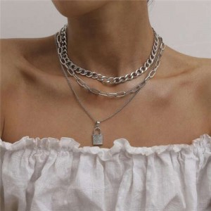 Rhinestone Inlaid Lock Pendant Triple Layers Design High Fashion Women Wholesale Necklace - Platinum