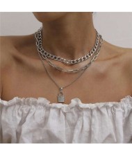 Rhinestone Inlaid Lock Pendant Triple Layers Design High Fashion Women Wholesale Necklace - Platinum