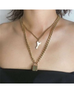 Key and Lock Pendant Dual Layers Creative Fashion Women Alloy Wholesale Necklace - Golden