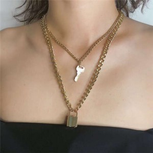 Key and Lock Pendant Dual Layers Creative Fashion Women Alloy Wholesale Necklace - Golden