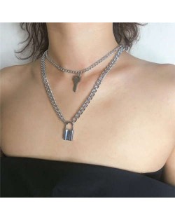 Key and Lock Pendant Dual Layers Creative Fashion Women Alloy Wholesale Necklace - Platinum