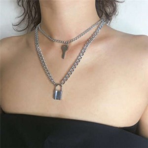 Key and Lock Pendant Dual Layers Creative Fashion Women Alloy Wholesale Necklace - Platinum
