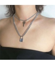 Key and Lock Pendant Dual Layers Creative Fashion Women Alloy Wholesale Necklace - Platinum