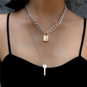 Key and Lock Pendant Dual Layers Creative Fashion Women Alloy Wholesale Necklace - Mixed Colors