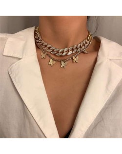 Rhinestone Embellished Chain and Butterflies Pendant Dual Layers High Fashion Women Costume Necklace - Golden