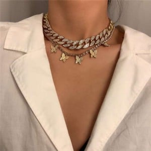 Rhinestone Embellished Chain and Butterflies Pendant Dual Layers High Fashion Women Costume Necklace - Golden