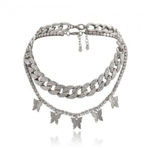 Rhinestone Embellished Chain and Butterflies Pendant Dual Layers High Fashion Women Costume Necklace - Platinum