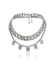 Rhinestone Embellished Chain and Butterflies Pendant Dual Layers High Fashion Women Costume Necklace - Platinum