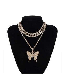 Bold Butterfly Pendant Rhinestone Chain Choker Dual Layers High Fashion Women Costume Necklace - Golden