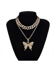 Bold Butterfly Pendant Rhinestone Chain Choker Dual Layers High Fashion Women Costume Necklace - Golden