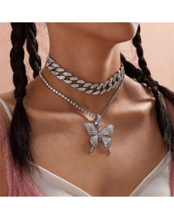 Bold Butterfly Pendant Rhinestone Chain Choker Dual Layers High Fashion Women Costume Necklace - Platinum