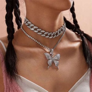 Bold Butterfly Pendant Rhinestone Chain Choker Dual Layers High Fashion Women Costume Necklace - Platinum