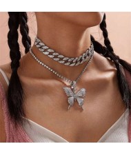 Bold Butterfly Pendant Rhinestone Chain Choker Dual Layers High Fashion Women Costume Necklace - Platinum