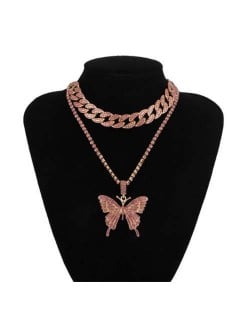 Bold Butterfly Pendant Rhinestone Chain Choker Dual Layers High Fashion Women Costume Necklace - Pink