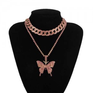 Bold Butterfly Pendant Rhinestone Chain Choker Dual Layers High Fashion Women Costume Necklace - Pink