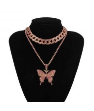 Bold Butterfly Pendant Rhinestone Chain Choker Dual Layers High Fashion Women Costume Necklace - Pink