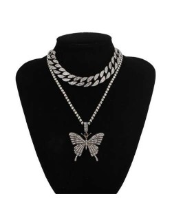 Bold Butterfly Pendant Rhinestone Chain Choker Dual Layers High Fashion Women Costume Necklace - Gun Black