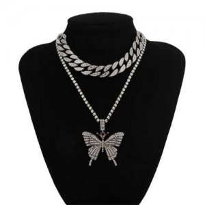 Bold Butterfly Pendant Rhinestone Chain Choker Dual Layers High Fashion Women Costume Necklace - Gun Black