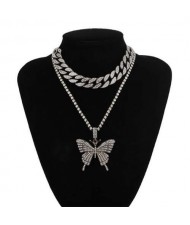 Bold Butterfly Pendant Rhinestone Chain Choker Dual Layers High Fashion Women Costume Necklace - Gun Black