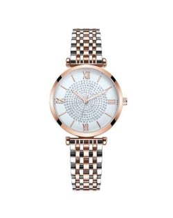 Rhinestone Inlaid Roman Numerals Index High Fashion Women Alloy Wrist Watch - Rose Gold and Silver