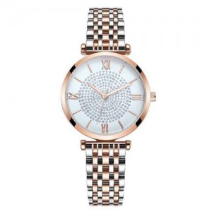 Rhinestone Inlaid Roman Numerals Index High Fashion Women Alloy Wrist Watch - Rose Gold and Silver