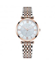 Rhinestone Inlaid Roman Numerals Index High Fashion Women Alloy Wrist Watch - Rose Gold and Silver