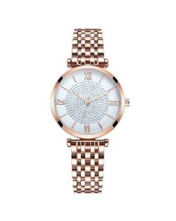 Rhinestone Inlaid Roman Numerals Index High Fashion Women Alloy Wrist Watch - Rose Gold