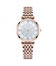 Rhinestone Inlaid Roman Numerals Index High Fashion Women Alloy Wrist Watch - Rose Gold