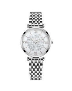 Rhinestone Inlaid Roman Numerals Index High Fashion Women Alloy Wrist Watch - Silver