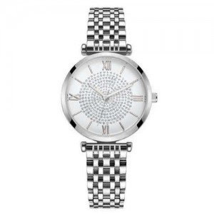 Rhinestone Inlaid Roman Numerals Index High Fashion Women Alloy Wrist Watch - Silver