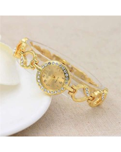 Rhinestone Embellished Hearts Strap Elegant Fashion Women Stainless Steel Wrist Watch