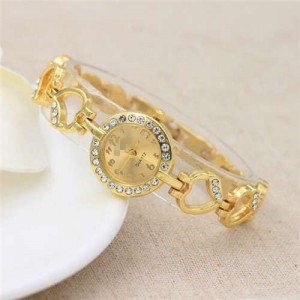 Rhinestone Embellished Hearts Strap Elegant Fashion Women Stainless Steel Wrist Watch