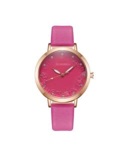 Rose Engraving Index Graceful Fashion Women Leather Wrist Watch