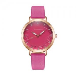 Rose Engraving Index Graceful Fashion Women Leather Wrist Watch