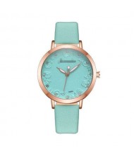 Rose Engraving Index Graceful Fashion Women Leather Wrist Watch