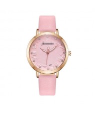 Rose Engraving Index Graceful Fashion Women Leather Wrist Watch