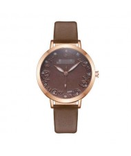 Rose Engraving Index Graceful Fashion Women Leather Wrist Watch