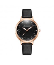 Rose Engraving Index Graceful Fashion Women Leather Wrist Watch