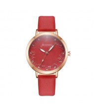 Rose Engraving Index Graceful Fashion Women Leather Wrist Watch