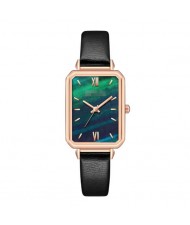 Rectangular Index Vintage Fashion Women Alloy Leather Wrist Watch - Black