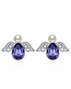 Austrian Crystal Flying Angel Design Platinum Plated Stud Earrings - Purple