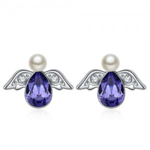 Austrian Crystal Flying Angel Design Platinum Plated Stud Earrings - Purple