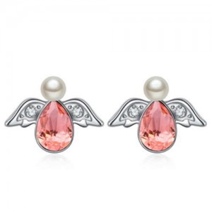 Austrian Crystal Flying Angel Design Platinum Plated Stud Earrings - Red